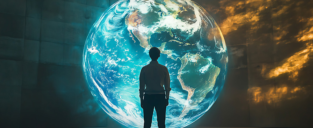 Person gazing at illuminated Earth globe: Global CapEx Forecasting.