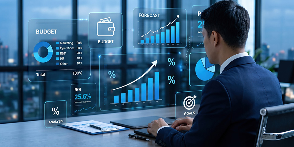 Man looking at Strategic Budgeting screens