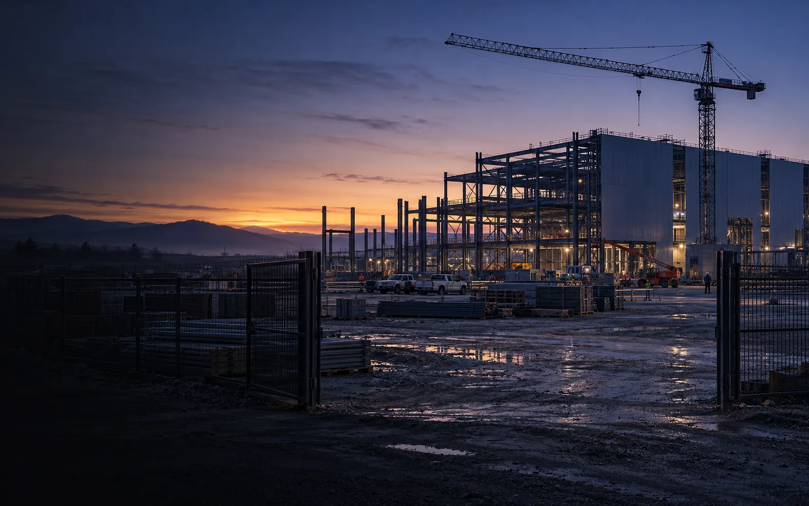 Capital project site at dawn with the gate open and work ready to begin